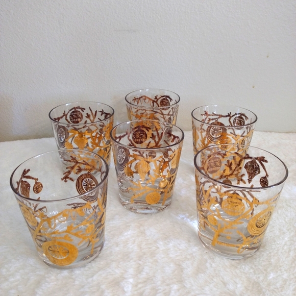 RARE 6 Cerga Glass (1954) 22K Old Fashion Glasses 3.25" Vintage Holiday Pattern - Picture 3 of 7